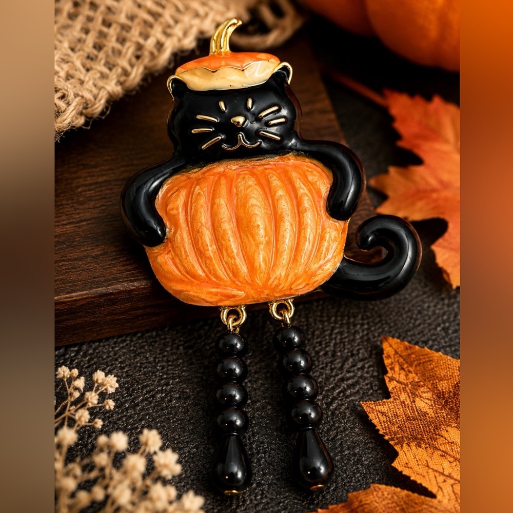 Black Cat in Pumpkin Brooch Enamel Dangle Leg Halloween Pin Fall Cute